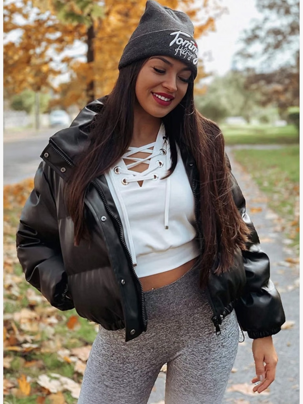 Black Quilted Faux-Leather Puffer Jacket - Women